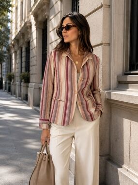 BCBGMaxAzria Striped Cotton Blazer Jacket Size 8 Pink Beige Cottagecore